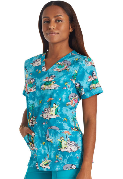 Slow Tide Cherokee Sloth Turtle Print V Neck Scrub Top CK671 SOTD - Scrubs Select