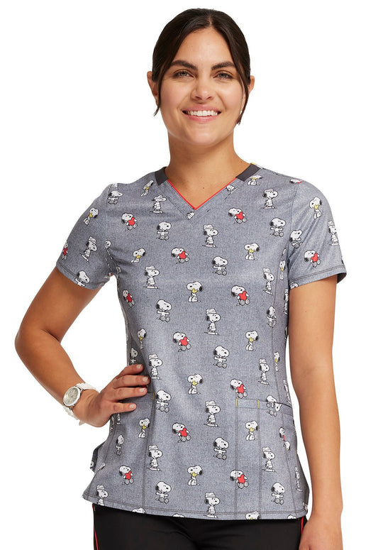 Snoopy Love Cherokee Peanuts Peanuts Infinity Print V Neck Scrub Top CK709 PNYV - Scrubs Select