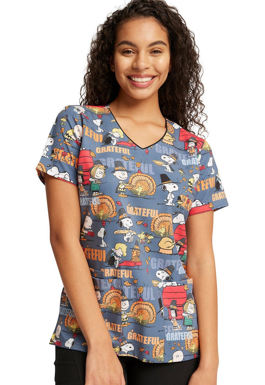 Snoopy Tooniforms Licensed Peanuts Thanksgiving V Neck Scrub Top TF614 PNRT - Scrubs Select