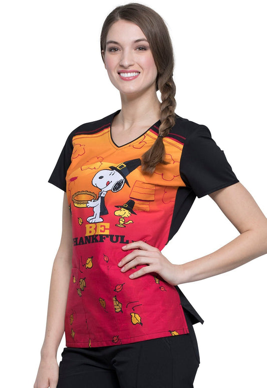 Snoopy Tooniforms Licensed Peanuts Thanksgiving V Neck Scrub Top TF686 PNGV - Scrubs Select