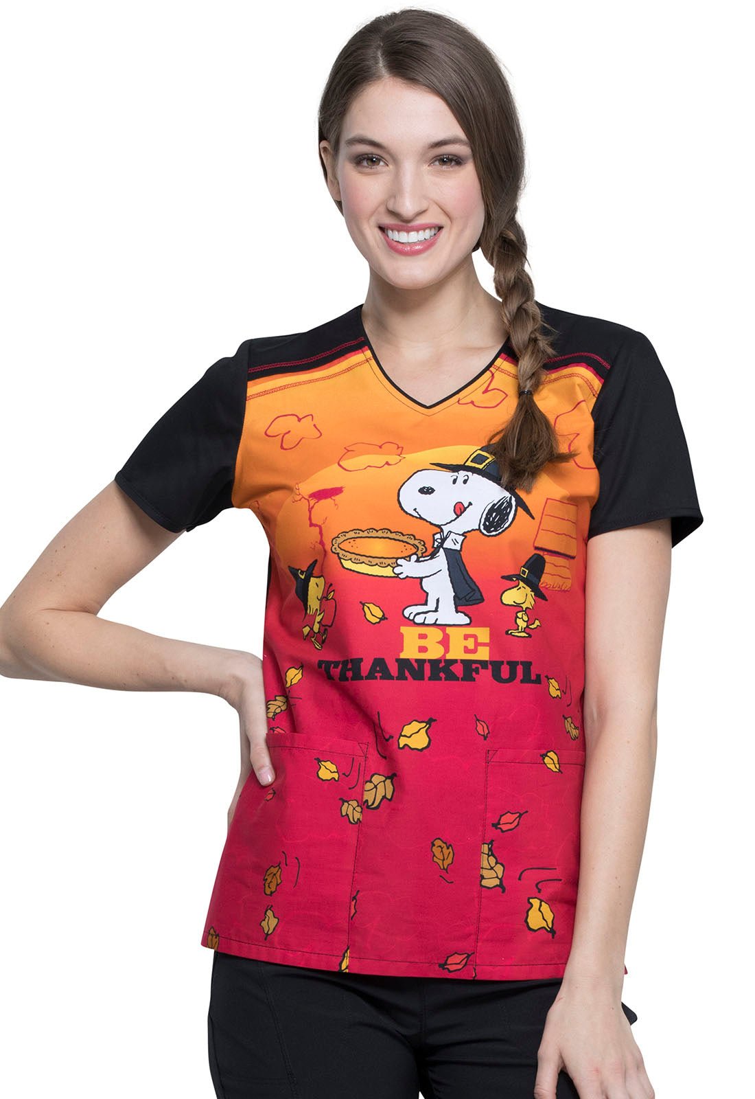 Snoopy Tooniforms Licensed Peanuts Thanksgiving V Neck Scrub Top TF686 PNGV - Scrubs Select