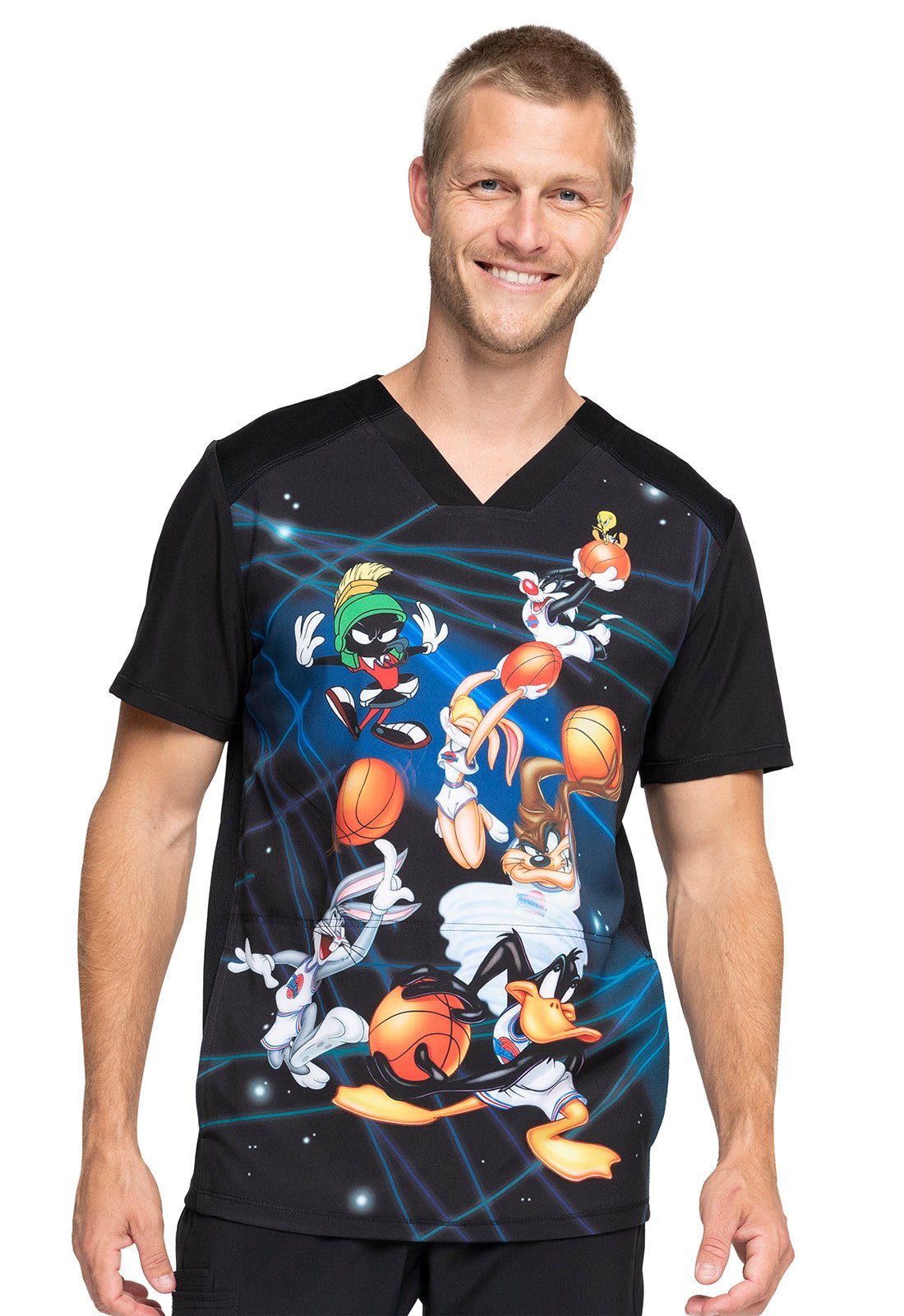 Space Jam Cherokee Tooniforms Looney Tunes Unisex V Neck Scrub Top TF714 LTSJ - Scrubs Select