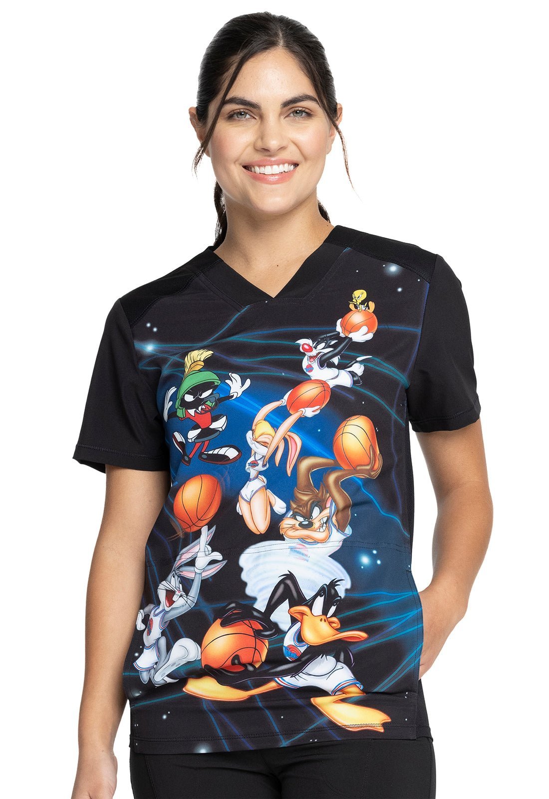 Space Jam Cherokee Tooniforms Looney Tunes Unisex V Neck Scrub Top TF714 LTSJ - Scrubs Select