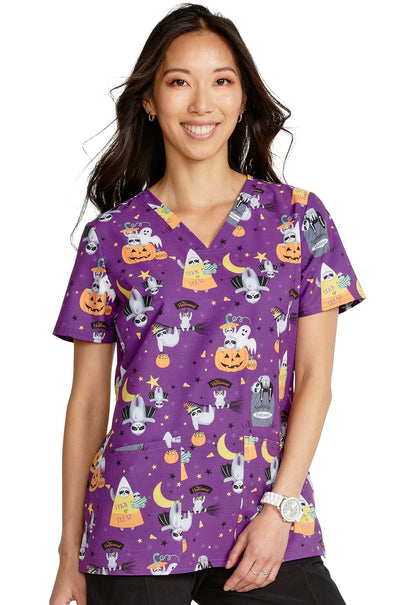 Spooktacular Sloths Cherokee Halloween Print V Neck Scrub Top CK671 SUSO - Scrubs Select
