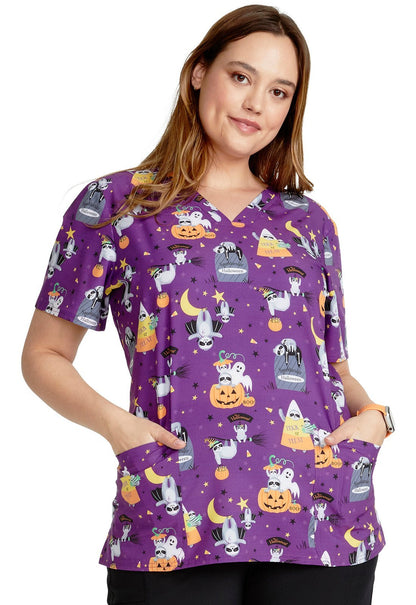 Spooktacular Sloths Cherokee Halloween Print V Neck Scrub Top CK671 SUSO - Scrubs Select