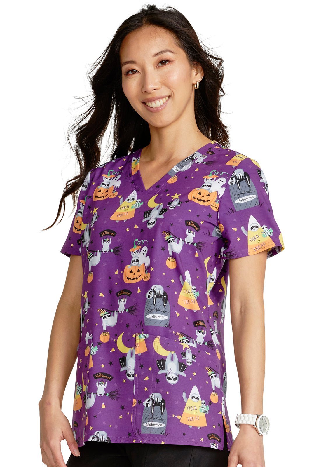 Spooktacular Sloths Cherokee Halloween Print V Neck Scrub Top CK671 SUSO - Scrubs Select