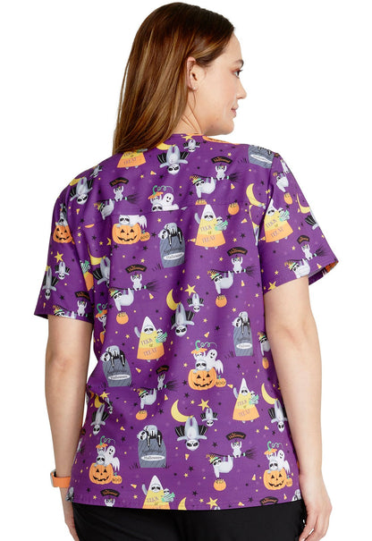 Spooktacular Sloths Cherokee Halloween Print V Neck Scrub Top CK671 SUSO - Scrubs Select