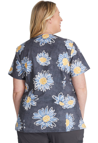 Sunflower Doodle Dickes EDS Print V Neck Scrub Top DK616 SUDL - Scrubs Select