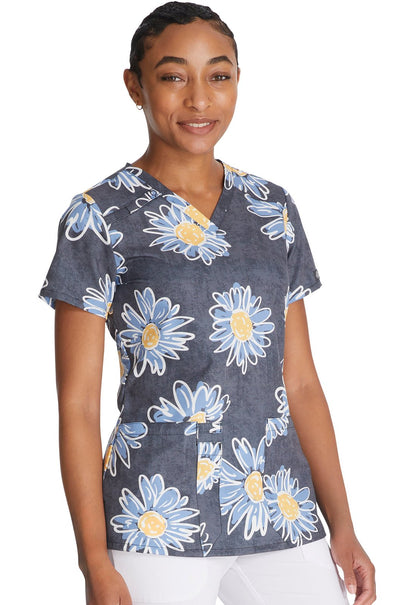 Sunflower Doodle Dickes EDS Print V Neck Scrub Top DK616 SUDL - Scrubs Select