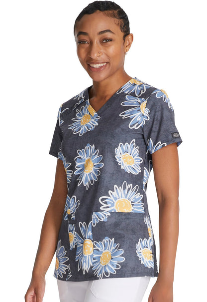 Sunflower Doodle Dickes EDS Print V Neck Scrub Top DK616 SUDL - Scrubs Select