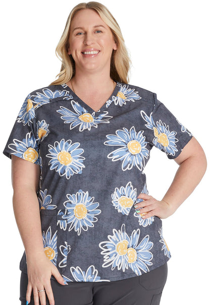 Sunflower Doodle Dickes EDS Print V Neck Scrub Top DK616 SUDL - Scrubs Select