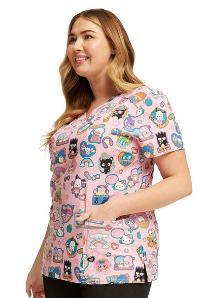 Supercute Stickers Tooniforms Sanrio Hello Kitty V Neck Scrub Top TF776 HSKP - Scrubs Select
