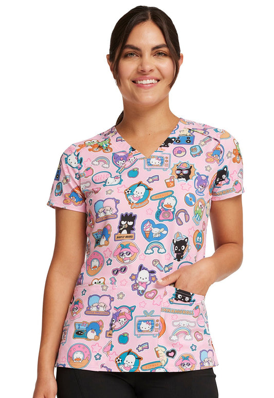 Supercute Stickers Tooniforms Sanrio Hello Kitty V Neck Scrub Top TF776 HSKP - Scrubs Select