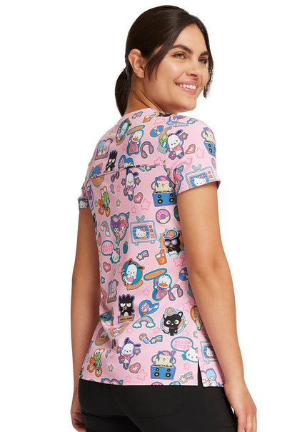 Supercute Stickers Tooniforms Sanrio Hello Kitty V Neck Scrub Top TF776 HSKP - Scrubs Select