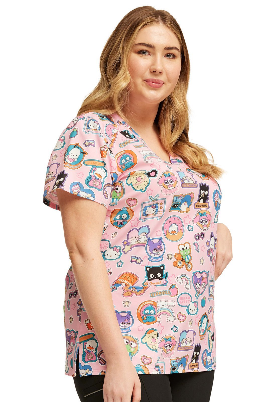 Supercute Stickers Tooniforms Sanrio Hello Kitty V Neck Scrub Top TF776 HSKP - Scrubs Select