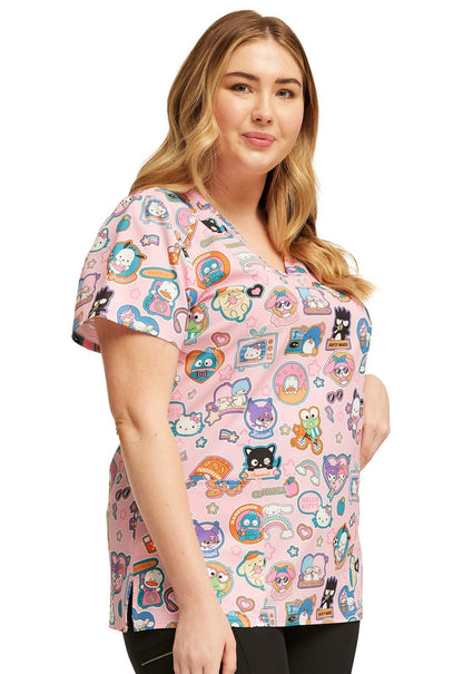 Supercute Stickers Tooniforms Sanrio Hello Kitty V Neck Scrub Top TF776 HSKP - Scrubs Select