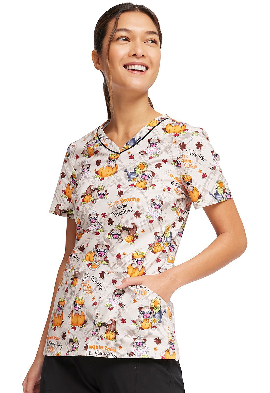 Thanksgiving Pug Dog Cherokee Print V Neck Scrub Top CK646 PGSS - Scrubs Select