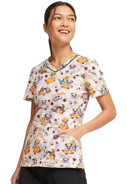 Thanksgiving Pug Dog Cherokee Print V Neck Scrub Top CK646 PGSS - Scrubs Select