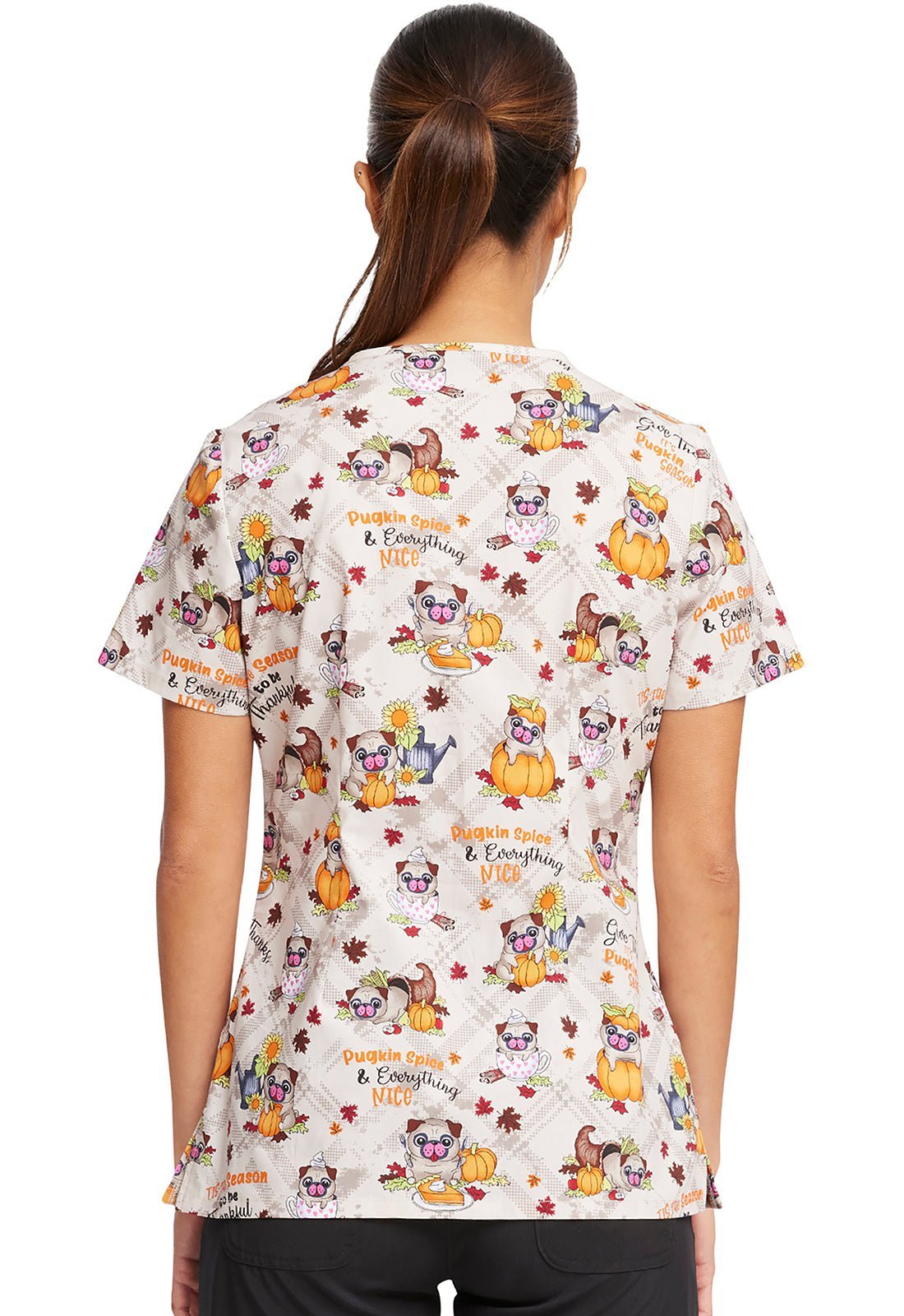 Thanksgiving Pug Dog Cherokee Print V Neck Scrub Top CK646 PGSS - Scrubs Select