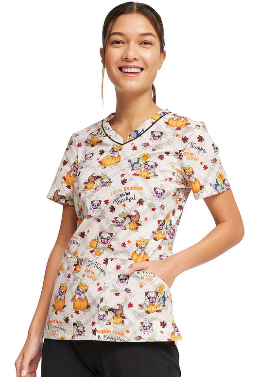 Thanksgiving Pug Dog Cherokee Print V Neck Scrub Top CK646 PGSS - Scrubs Select