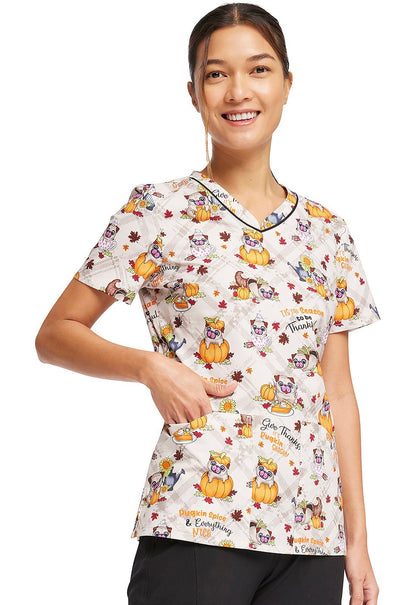 Thanksgiving Pug Dog Cherokee Print V Neck Scrub Top CK646 PGSS - Scrubs Select