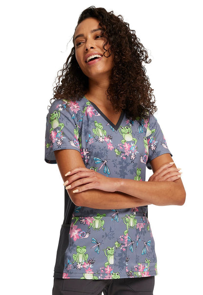 Toad - ally Floral Friends Cherokee Toad iflex Print V Neck Knit Panel Scrub Top CK636 TDFR - Scrubs Select