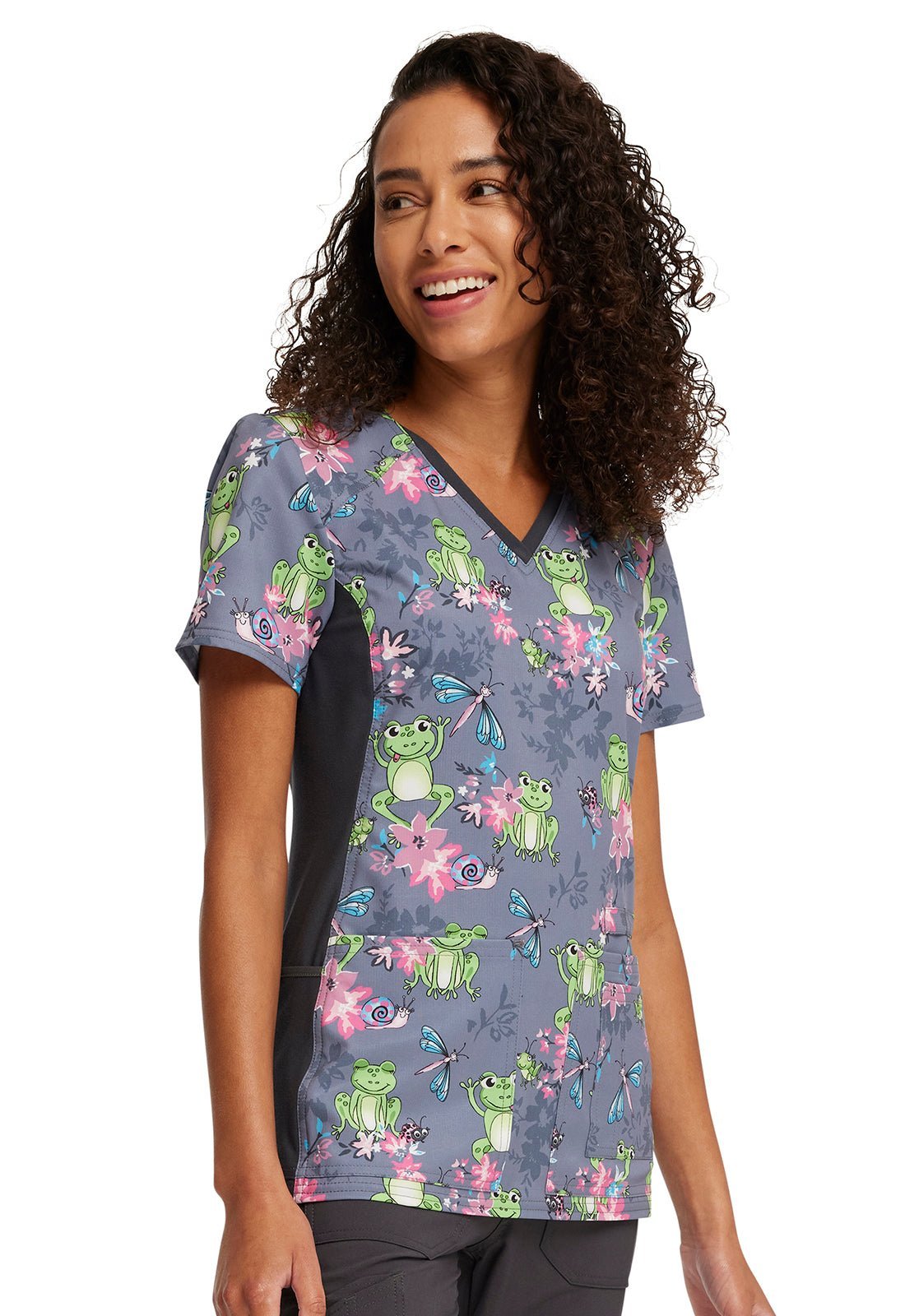 Toad - ally Floral Friends Cherokee Toad iflex Print V Neck Knit Panel Scrub Top CK636 TDFR - Scrubs Select