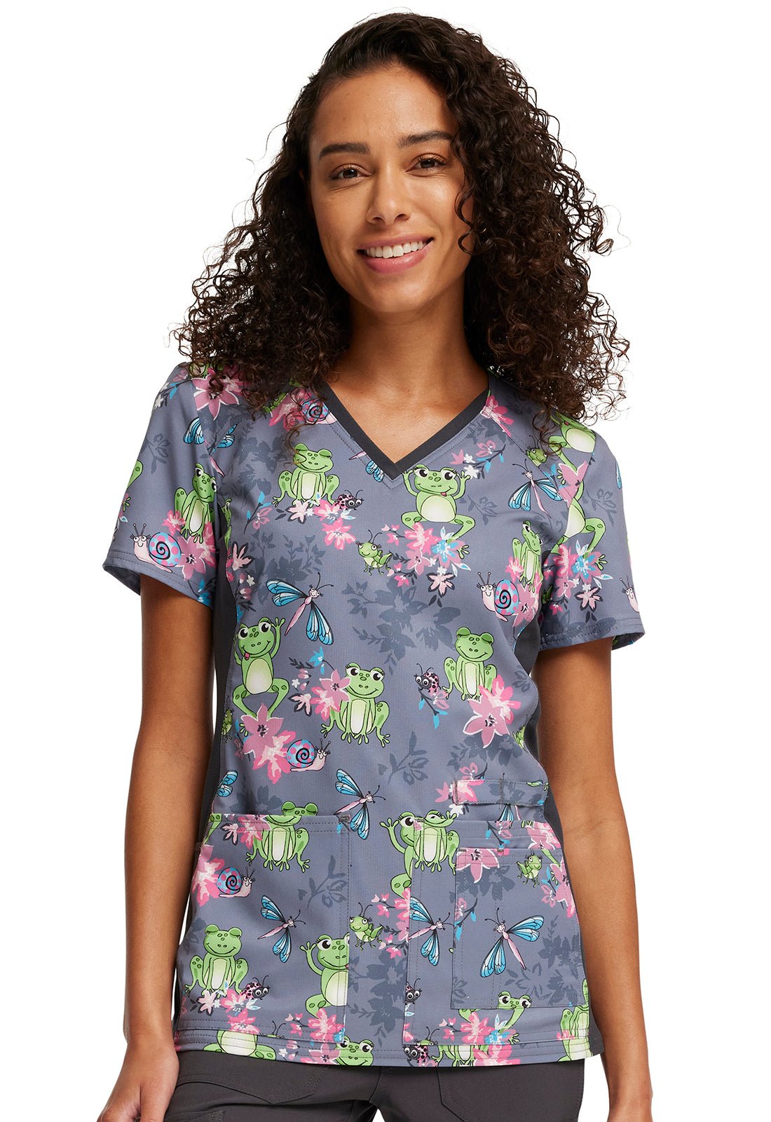 Toad-ally Floral Friends Cherokee Toad iflex Print V Neck Knit Panel Scrub Top CK636 TDFR - Scrubs Select