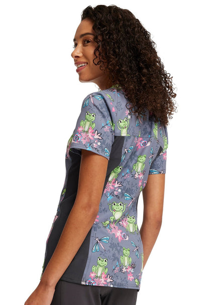 Toad - ally Floral Friends Cherokee Toad iflex Print V Neck Knit Panel Scrub Top CK636 TDFR - Scrubs Select