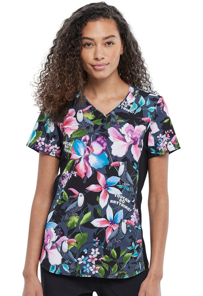 Toucan Cherokee iFlex Print V Neck Knit Panel Scrub Top CK732 TUCN - Scrubs Select