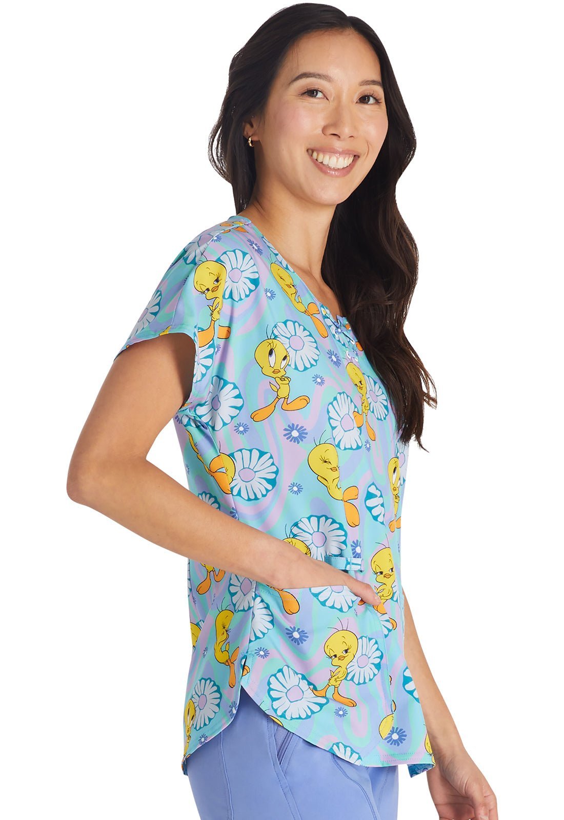 Tweety Cherokee Tooniforms Looney Tunes Round Neck Scrub Top TF787 LTVY - Scrubs Select