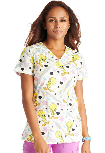 Tweety Cherokee Tooniforms Looney Tunes V Neck Scrub Top TF776 LTET - Scrubs Select