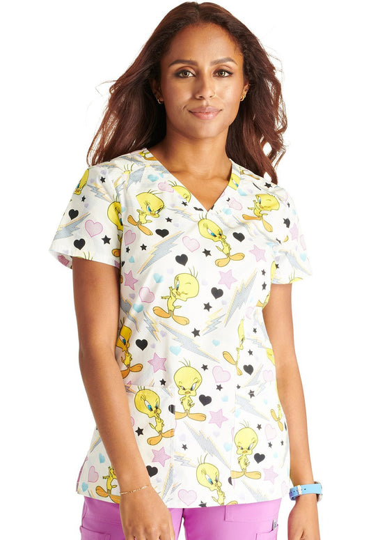 Tweety Cherokee Tooniforms Looney Tunes V Neck Scrub Top TF776 LTET - Scrubs Select