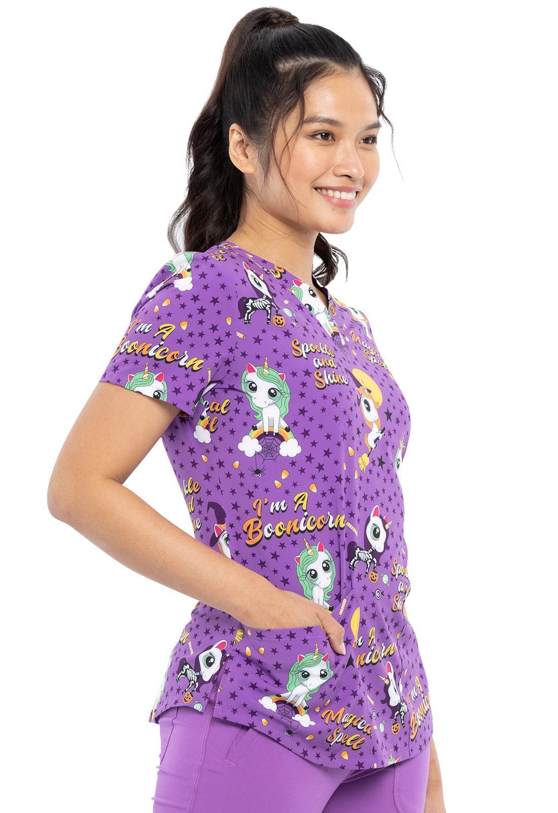 Unicorn Cherokee Halloween Print V Neck Scrub Top CK662 BOIN - Scrubs Select