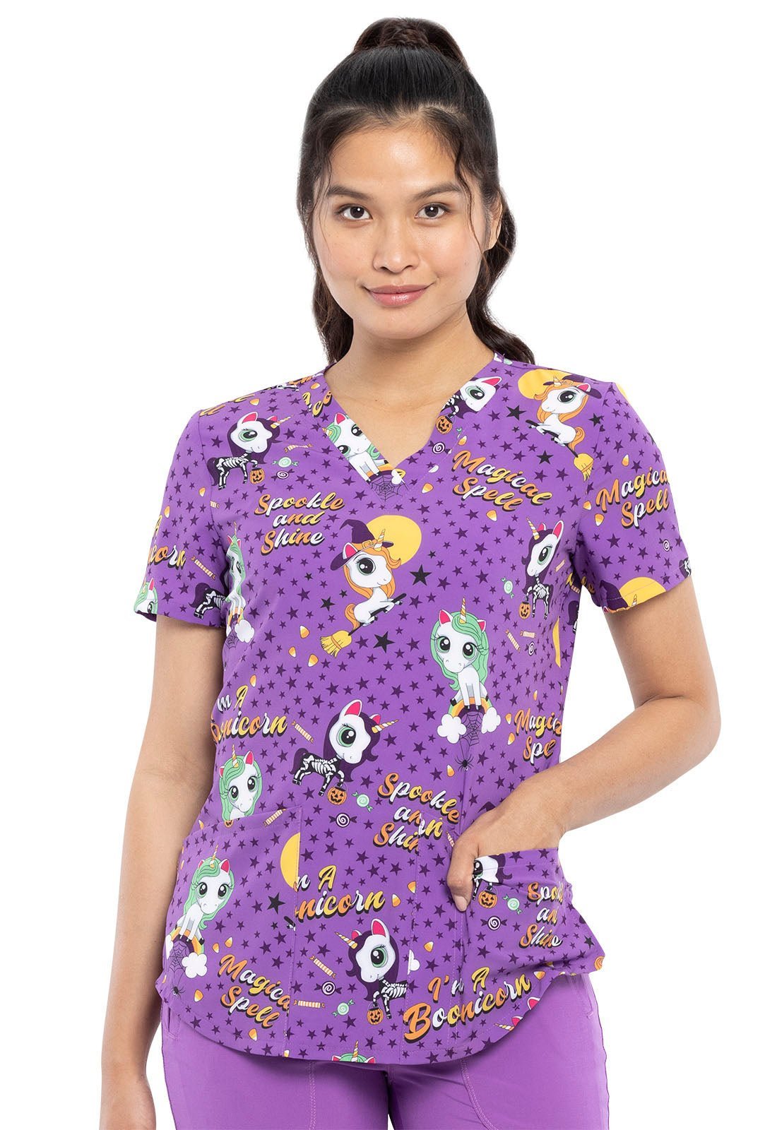 Unicorn Cherokee Halloween Print V Neck Scrub Top CK662 BOIN - Scrubs Select