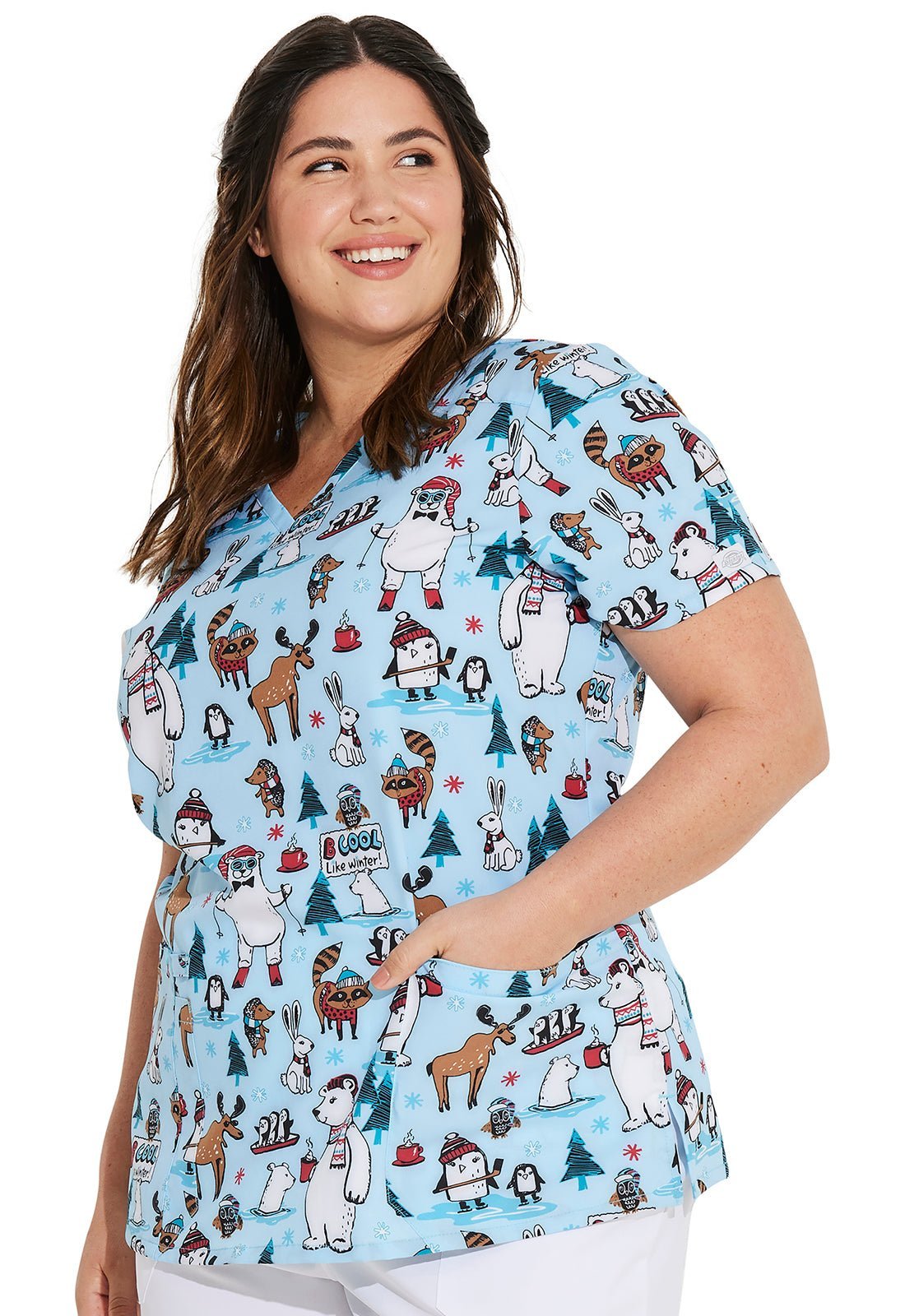 Wild About Winter Dickies Animal Print V Neck Scrub Top DK616 WAWT - Scrubs Select