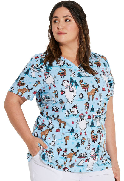 Wild About Winter Dickies Animal Print V Neck Scrub Top DK616 WAWT - Scrubs Select