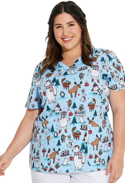 Wild About Winter Dickies Animal Print V Neck Scrub Top DK616 WAWT - Scrubs Select