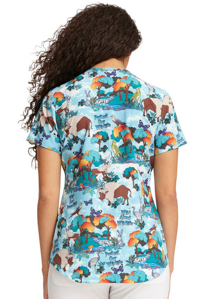 Wildlife Animal Cherokee Print V Neck Scrub Top CK637 WLSC - Scrubs Select