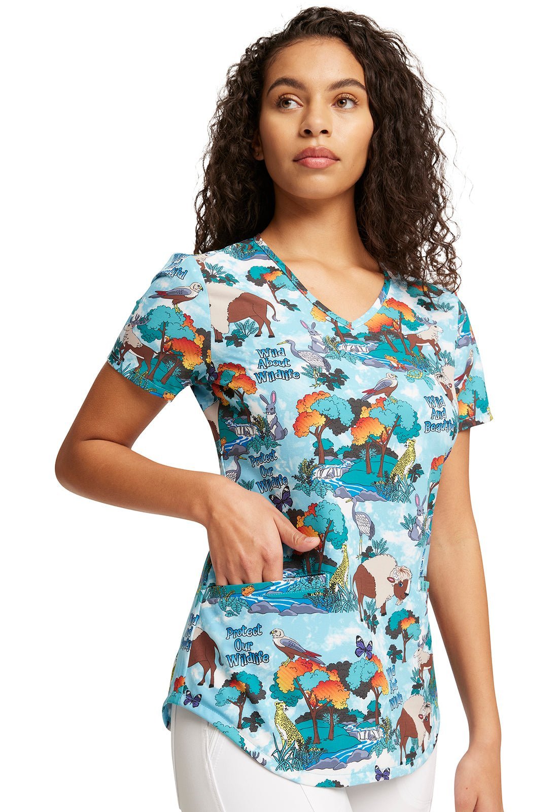 Wildlife Animal Cherokee Print V Neck Scrub Top CK637 WLSC - Scrubs Select
