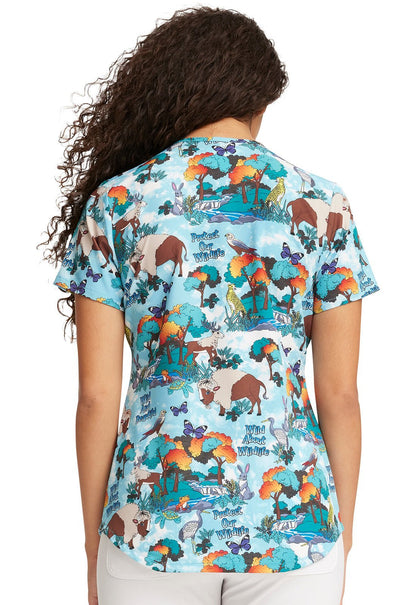 Wildlife Animal Cherokee Print V Neck Scrub Top CK637 WLSC - Scrubs Select