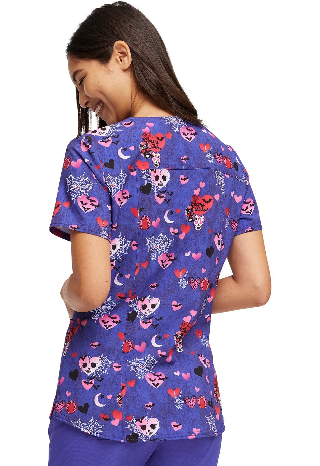 Witches Heartsoul Print Halloween V Neck Scrub Top HS821 CRWT - Scrubs Select