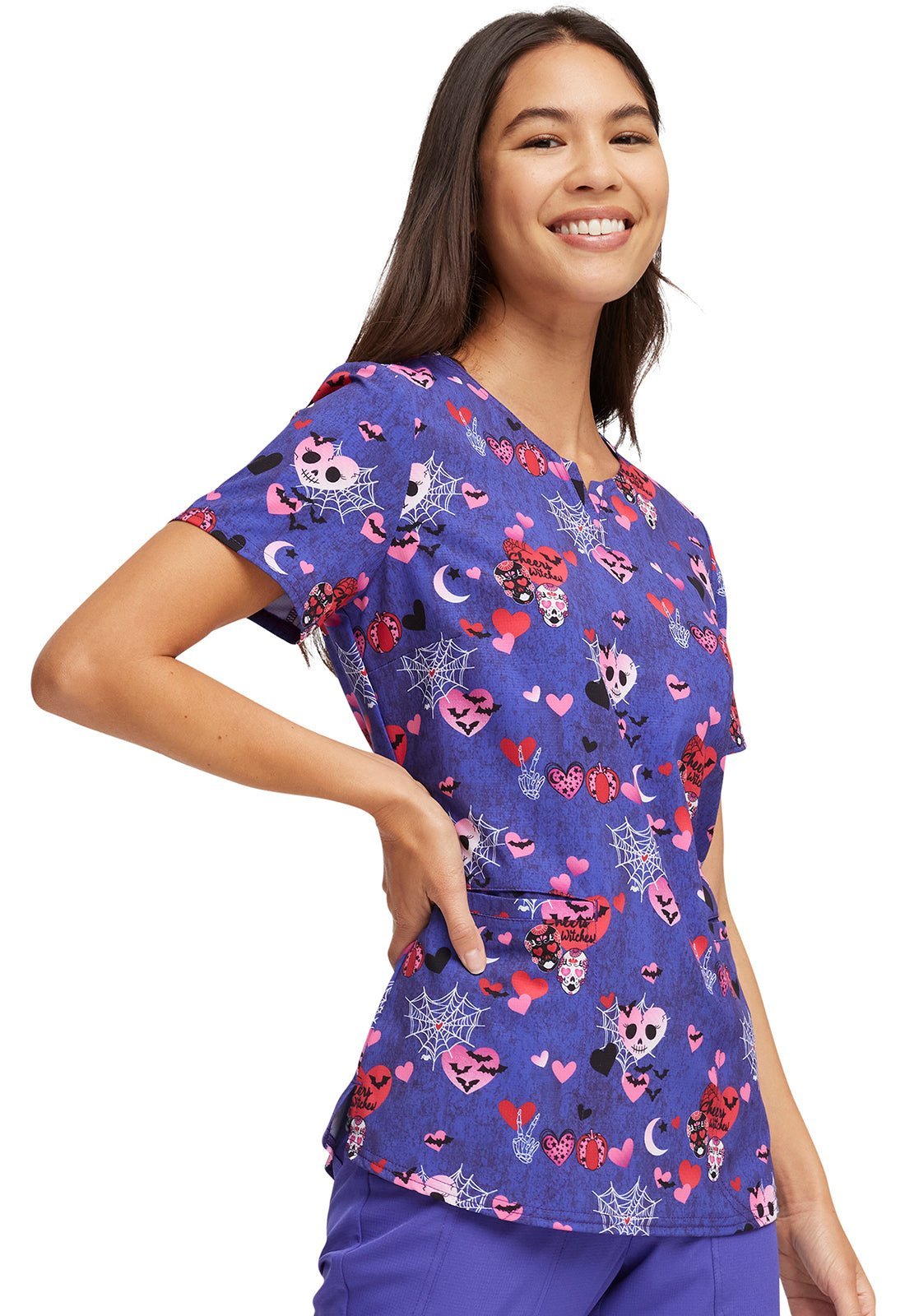 Witches Heartsoul Print Halloween V Neck Scrub Top HS821 CRWT - Scrubs Select