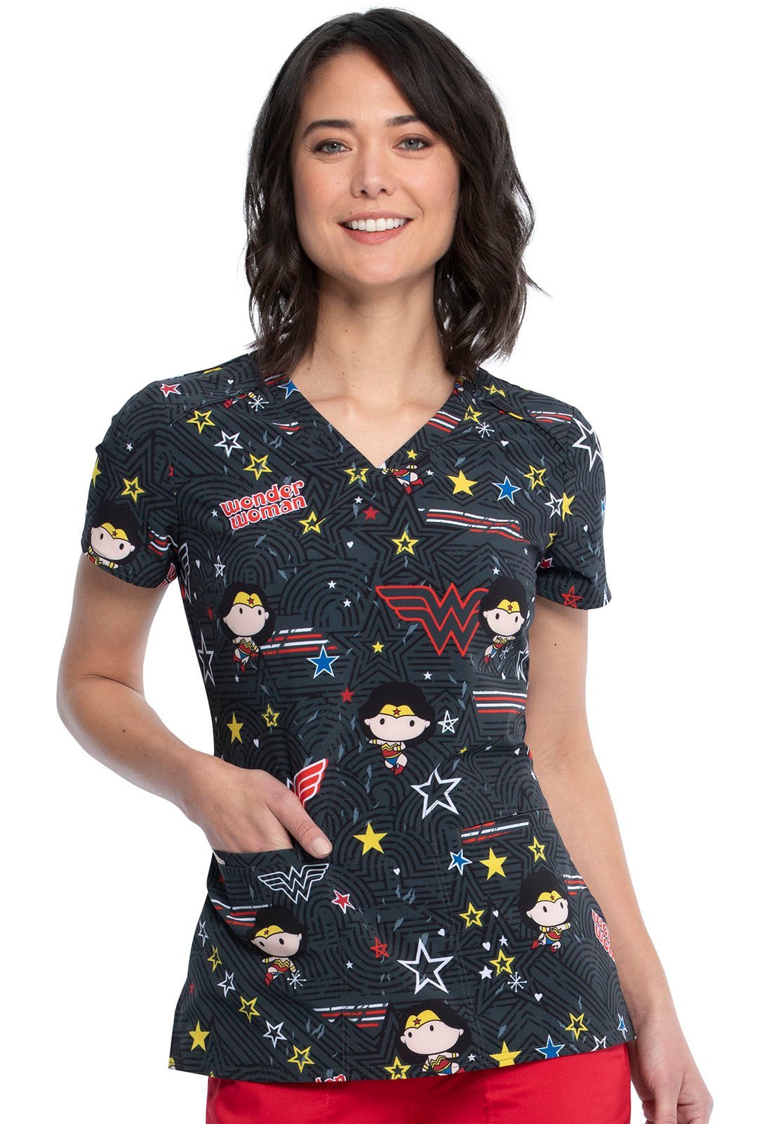 Wonder Woman Tooniforms Licensed DC Comics V Neck Scrub Top TF666 DMVO - Scrubs Select