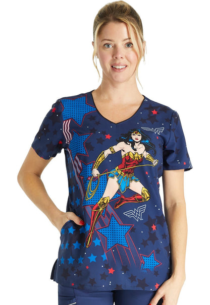 Wonder Women Cherokee Tooniforms DC Comics V Neck Scrub Top TF626 DMDT - Scrubs Select